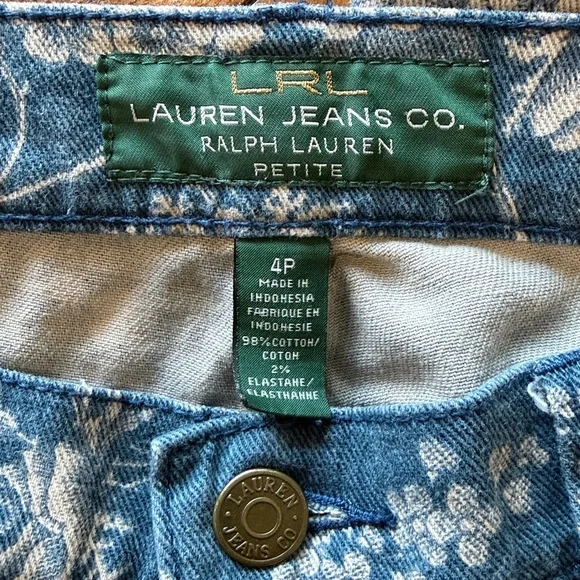 LRL Lauren Jeans Co. Blue Cream Floral Denim Jeans 5 Pocket Size 4P - Picture 5 of 5